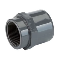 Grey PVC-U adaptor socket with female thread, 16 Bar pressure rating.