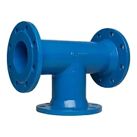 Blue PN16 reduced flanged tee pipe fitting.