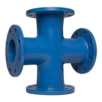Blue all-flanged reducing cross pipe fitting.