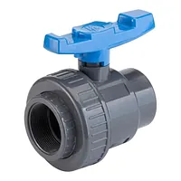 16 Bar PVC-U single union ball valve with blue handle and threaded socket.