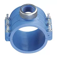 Blue polypropylene clamp saddle 654X with a threaded outlet and stainless steel bolts.