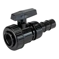Black PVC-U ball valve with union nut and hose adaptor, 16 Bar.