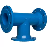 Blue cast iron equal tee with PN16 flanges.
