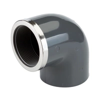 Grey PVC-U 90° elbow with a plain socket and metal-reinforced Rp threaded end, 16 Bar.
