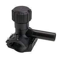 Black PE100 electrofusion monobloc tapping saddle, rated for 16 Bar.