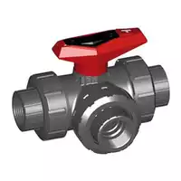 3-Way PVC-U T-port ball valve type 543 with red handle.
