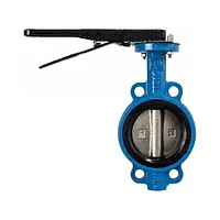 Wafer butterfly valve VB in blue ductile iron with black lever handle and stainless disc
