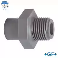 Grey ABS pipe adaptor with male R-thread, rated for 10 Bar.