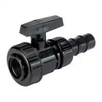 Black PVC-U ball valve with union nut and hose adaptor, 16 Bar.