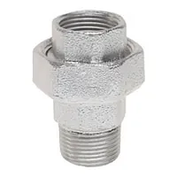 Galvanized steel conical union with female internal and male external pipe threads.