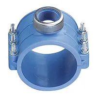 Blue polypropylene clamp saddle 654X with a threaded outlet and stainless steel bolts.