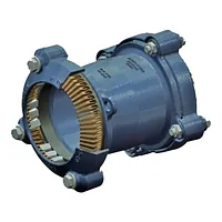 Blue restrained universal coupling with an internal brass grip ring for pipe joining.