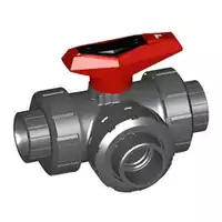 Type 543 3-way L-port PVC-U ball valve with 16 Bar rating and cement sockets.