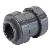 Grey PVC-U check valve with threaded sockets, rated for 16 Bar.