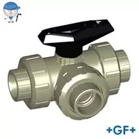 3-Way ball valve Type 543 in PP-H, rated for 10 Bar.