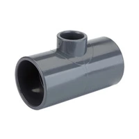 90-degree reduced PVC-U tee fitting for industrial piping, grey plastic reducing T-connector for pressure systems.