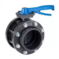 Lever-operated PVC-U butterfly valve, 16 Bar, with included flange kit.
