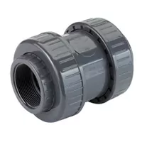 Grey PVC-U check valve with threaded sockets, rated for 16 Bar.