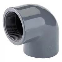 Threaded 90 degree PVC-U elbow pipe fitting for industrial pressure systems, grey plastic female threaded connector.