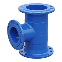 Blue reduced flanged tee pipe fitting with a smaller side branch.