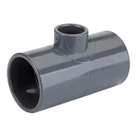 90-degree reduced PVC-U tee fitting for industrial piping, grey plastic reducing T-connector for pressure systems.