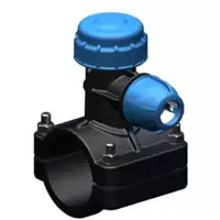 Black polypropylene tapping saddle with blue offtake, 16 Bar pressure rating.
