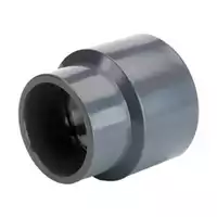 Reducing metric PVC-U socket for industrial piping, durable grey plastic reducer coupling for pressure systems.