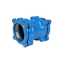 Blue 16 Bar cast iron coupling for joining PE and PVC pipes.