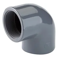 Threaded 90 degree PVC-U elbow pipe fitting for industrial pressure systems, grey plastic female threaded connector.