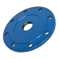 Blue threaded pipe flange with eight bolt holes.