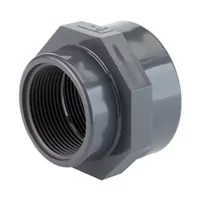 Dark grey PVC-U threaded reducing socket with a 16 Bar pressure rating.