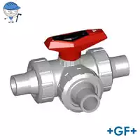 GF Type 543 PVC-C 3-way L-port ball valve with solvent cement spigots.