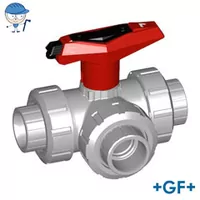 Georg Fischer Type 543 3-way PVC-C L-port ball valve with a red lockable handle.