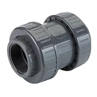 Grey PVC-U check valve with threaded sockets, rated for 16 Bar.