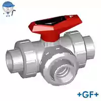 Georg Fischer Type 543 3-way L-port ball valve in PVC-C with red handle.