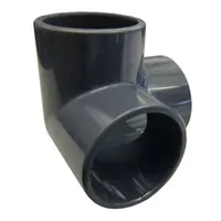 Three-way 90-degree PVC-U elbow pipe fitting for industrial corner connections, durable grey plastic pressure connector.
