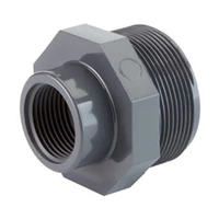 PVC-U threaded reducer pipe fitting, 16 Bar pressure rating.