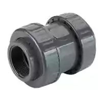 Grey PVC-U check valve with threaded sockets, rated for 16 Bar.