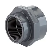 Dark grey PVC-U threaded reducing socket with a 16 Bar pressure rating.