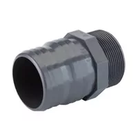 Grey PVC-U threaded hose adaptor with a male R-thread and barbed end, 16 Bar pressure rating.