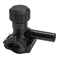 Black PE100 electrofusion monobloc tapping saddle, rated for 16 Bar.