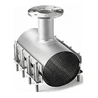 Stainless steel pipe repair flange clamp, 750mm, with a bolted body and top flanged outlet.