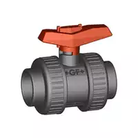GF Type 375 PVC-U ball valve with 16 Bar rating and metric cement sockets.