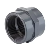 Grey PVC-U threaded double socket pipe fitting, 16 Bar.