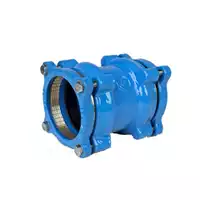 Blue 16 Bar cast iron coupling for joining PE and PVC pipes.
