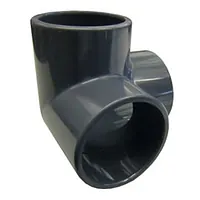 Three-way 90-degree PVC-U elbow pipe fitting for industrial corner connections, durable grey plastic pressure connector.