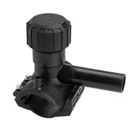Black PE100 electrofusion monobloc tapping saddle, rated for 16 Bar.