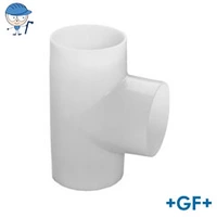 White PVDF 90° equal T-fitting, SDR33, for PN10 / 10 Bar pipe systems.