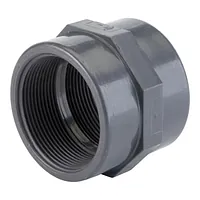 Grey PVC-U threaded double socket pipe fitting, 16 Bar.