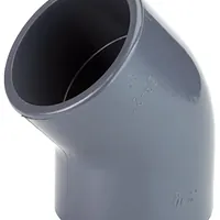 45-degree PVC-U elbow pipe fitting for industrial pressure systems, durable grey plastic angled connector.